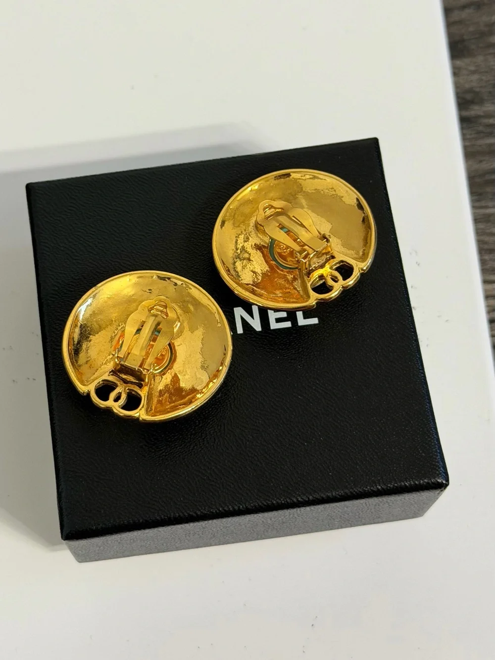 Chanel Vintage Gold Turquoise Stone CC Clip On Earrings